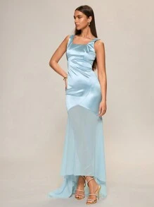 Glamine Light Blue Summer Elegant Dinner Women Maxi Dress,Satin Straps Backless Zip Up Woven Chiffon Splicing Short In Front Long In Back Hem Slim Prom Gown - Blue - View 4