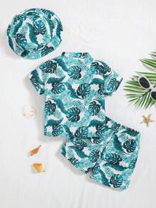 SHEIN Set de 3 piezas de traje de baño de verano para bebé niño, con estampado de hojas: bañador, short de baño y gorro, apto para playa, piscina y spa - Multicolor - Ver 2