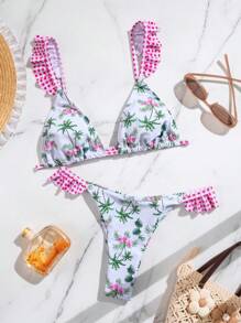 SHEIN Swim Women's Palm Tree Print Bikini Swimwear Set, Print Style Random, For Summer Beach Vacation - Multicolor - View 1
