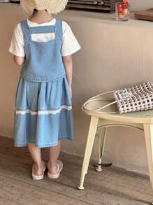 DAZY Young Girl Solid Color Patchwork Wide Strap Button Decor Minimalist Top And Denim Skirt Matching Set,Girls Summer Outfits - Blue - View 6