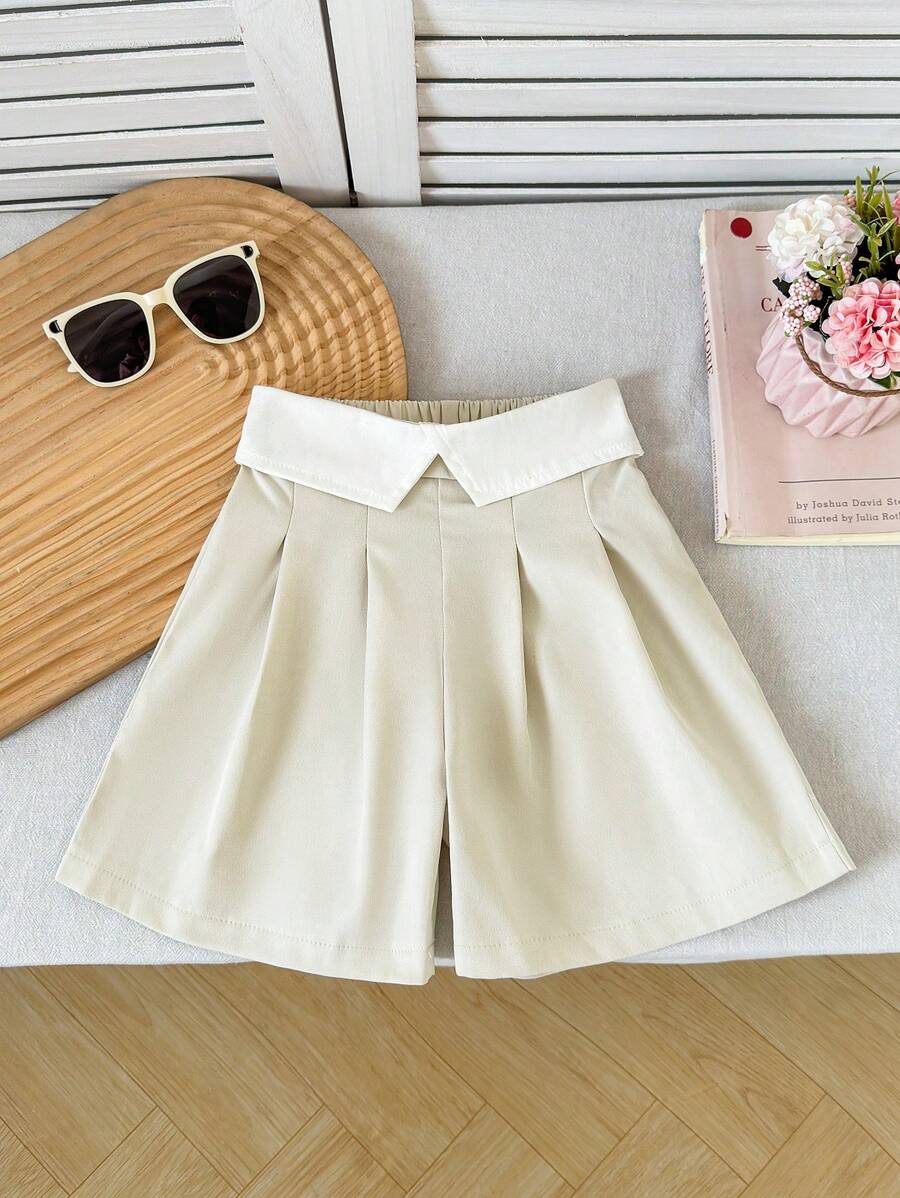 Young Girls Pleated Contrast Color Trim Shorts, Casual Versatile Summer Pants - Apricot - View 1