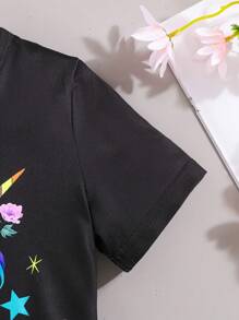 Young Girl 2pcs Unicorn Luminous Print Pajama Set, Short Sleeve T-Shirt & Shorts, Summer Spring, Black Base