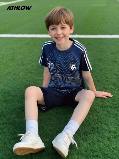 SHEIN Young Boys Football Training Sets, Includes T-Shirt & Shorts, Quick-Dry Sports Outfits