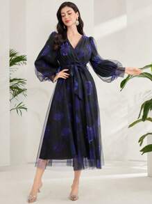 Modelyn Women Elegant Floral Print Mesh Mid-Length Dress - Multicolor - View 5