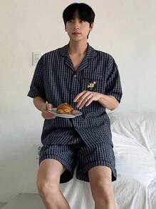 DAZY Summer Bear Embroidery Plaid Shirt & Shorts 2 Pieces Pajama Set For Men