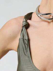 TypaGal V-Neck Zip Front Cross Back Shimmer Stretchy Camisole Top With Knot Detail - Green - View 6