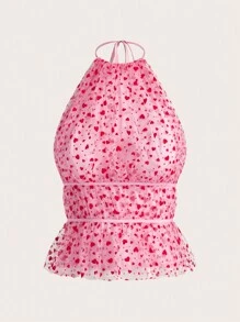 SHEIN EZwear Damen Herzform Mesh Rüschen Saum Träger Top - Pink - Übersicht 1