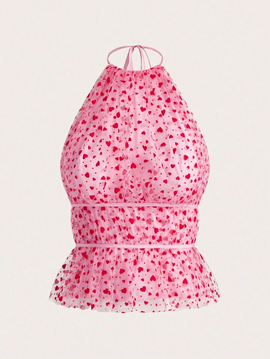 SHEIN EZwear Damen Herzform Mesh Rüschen Saum Träger Top - Pink - Übersicht 1