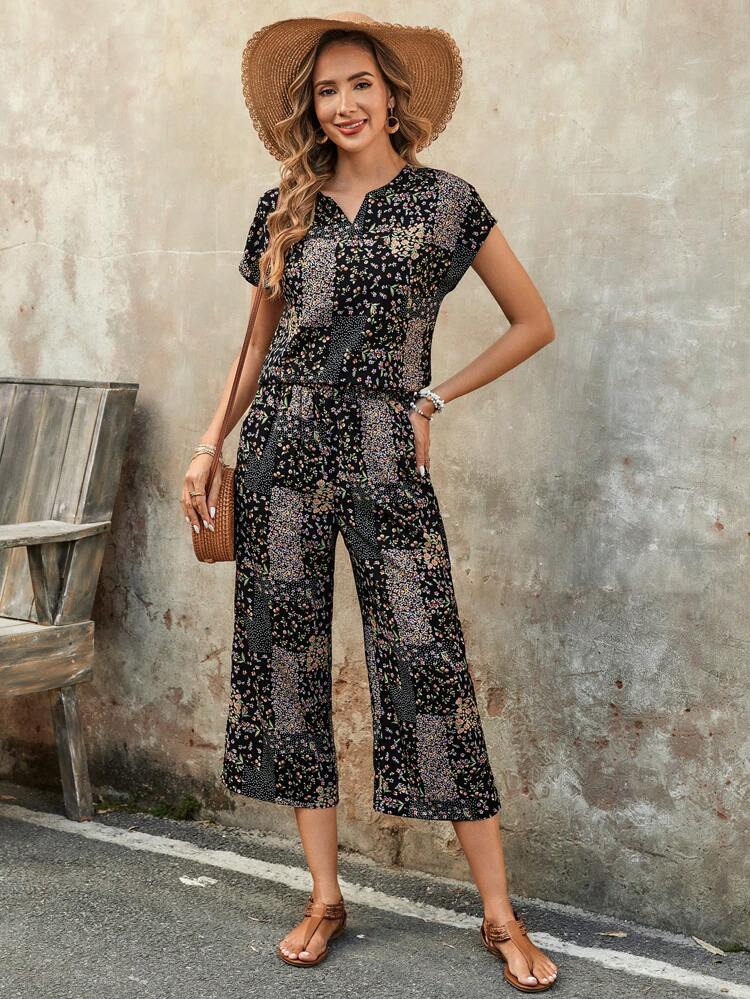 2pcs Women Casual Minimalist Short Sleeve Outfit Set, Daily Wear