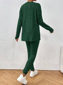 SHEIN Frenchy Drop Shoulder Ribbed Knit Tee & Leggings Textured Fabric Two Pieces Winter Green Casual Christmas Spring - Olive Green - View 2