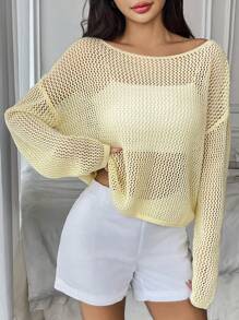 Flirla Women's Solid Color Hollow Out Casual Knit Sweater Knit Pullover Fall Winter