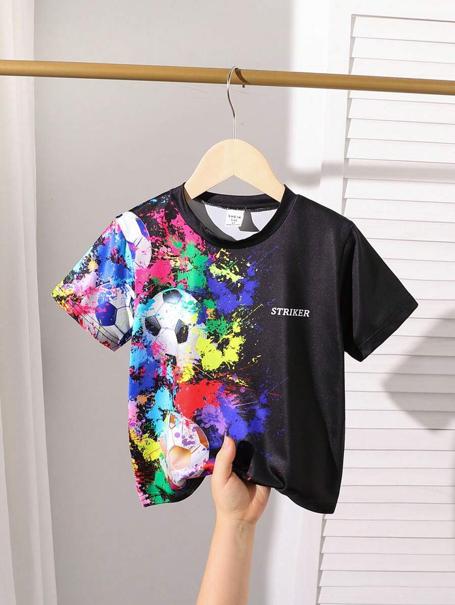 SHEIN Áo thun tay ngắn phong cách đơn giản thường ngày cho bé trai, mặc hàng ngày - màu đen - Xem 1