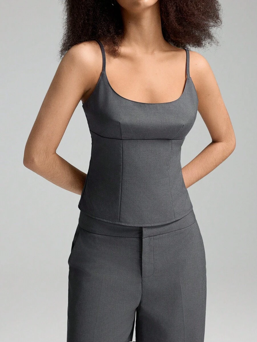 LYSMO Women Solid Color Simple Elegant Casual Versatile Camisole - Dark Grey - View 1