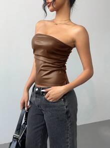 Siren Gaze New Year&Valentine's Women's PU Leather Top Fashionable Ruched Asymmetric Hem Tube Top, Suitable For Going Out And Parties Top,New Years Women Brown Summer Casual - Coffee Brown - View 4