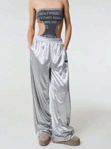 SHEIN Unity Text Print Cut Out Waist Tie Back Bandeau BodySuit - Grey - View 6