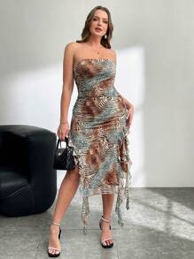 Firerie Plus Size Strapless Bodycon High Slit Ruffle Hem Floor-Length Dress For Women - Multicolor - View 1