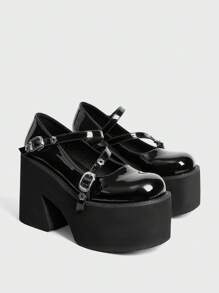 Sugerpunk Women's Black Mary Jane Pumps With Thick Platform, Fashionable Thick Sole Autumn Shoes Spring Break Easter - Black - View 2