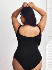 SHEIN CURVE+ Plus Size Summer Solid Color Front Zipper Shapewear Tos, High Elastic Tummy Control Vest - Black - View 2