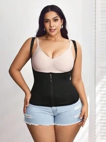 SHEIN CURVE+ Plus Size Summer Solid Color Front Zipper Shapewear Tos, High Elastic Tummy Control Vest - Black - View 6