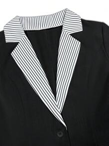 Franclia 女士秋冬条纹拼布长袖纽扣西装外套，休闲办公装 - 黑色 - 查看 6