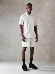 SUMWON Premium Textured Ribbed Summer Co-Ord Set Button Down Shirt Shorts Matching Set Casual Resort Beach Holiday Two-Piece Outfit Slim Fit - Beige - View 8