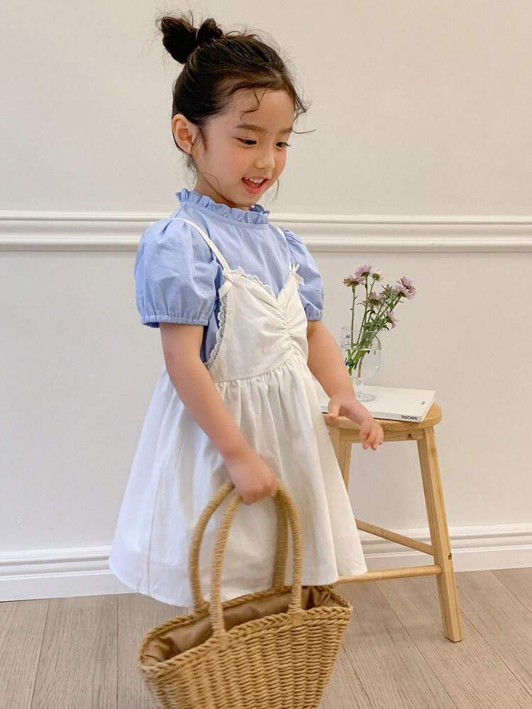 2 Pieces Set: Simple Young Girl Style Short Sleeve Top And Camisole Dress, Casual Everyday Wear,Girls Summer Outfits