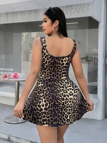 SHEIN EZwear Leopard Print Sleeveless Plus Size Jumpsuit Dress With Built-In Shorts And Pockets, Spring/Summer - Multicolor - View 2