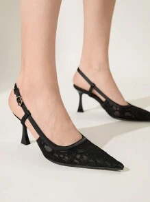 CUCCOO CHICEST 女士黑色网纱拼接尖头细高跟鞋，优雅性感浪漫时尚黑色蕾丝女士高跟凉鞋，适合下午茶、约会、派对、情人节等场合的礼服鞋 - 黑色 - 查看 4