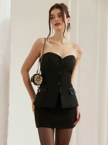 Aveloria Black Satin Patchwork Bandeau Fitted Stylish Women's Top - Black - View 1