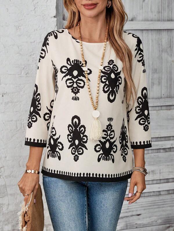 EMERY ROSE Camisa casual de estilo retro con estampado para mujer, ideal para vacaciones