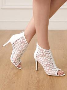 CUCCOO HITCHD Sandalias de tacón alto de encaje blanco con punta abierta para mujer, elegantes para ir al trabajo, citas, bodas, eventos formales