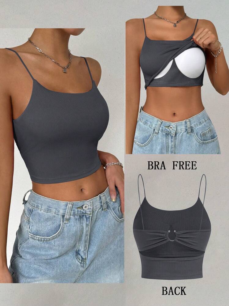 FavEase 1pc Women Solid Color Metal Buckle Padded Camisole Tank Top