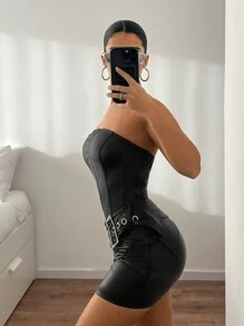 SHEIN ICON Mono con adorno metálico en la cintura - Negro - Ver 5