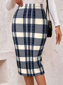 EMERY ROSE Women Plaid Elastic Waist Casual Pencil Skirt - Khaki - View 4