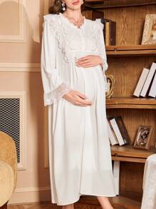 PalaceNights 宫廷风刺绣长袖宽松舒适孕妇睡裙，娃娃款奢华家居服，秋冬款 - 白色 - 查看 5