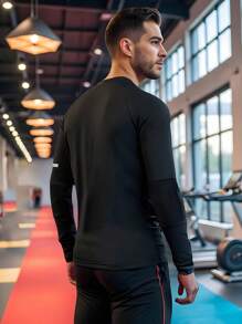 Manfinity Sport Corelite 男士几何印花圆领插肩袖长袖运动T恤紧身衣 - 黑色 - 查看 3