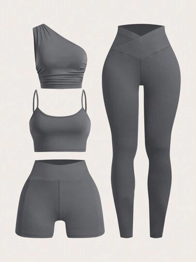 SHEIN EZwear Women's 4 Piece Outfits Exercise Scoop Neck Sports Bra One Shoulder Tops High Waist Shorts Leggings Active Set