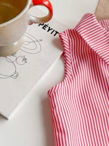 SHEIN 女婴幼儿 0-3 岁红白条纹马球领无袖休闲连衣裙，适合外出 - 紅色 - 查看 3