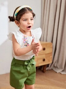 Cozy Pixies 2 pièces/Set Top à col rond en tricot doux avec volants et short à taille élastique motif floral Ditsy pour bébé fille