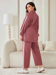 Mulvari 2pcs/Set Plus Size Contrast Binding Drawstring Waist Jacket And Pants - Dusty Pink - View 2