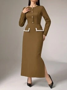 Heiryn 女士两件套棕色裙装套装，含斗篷西装外套和中长铅笔裙，适合办公室穿着 - 駝色 - 查看 5