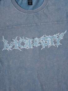 ROMWE MEN Street Life Men's Gothic Snow Washed Cotton Patchwork T-Shirt, Spring/Summer, Halloween - Dusty Blue - View 4