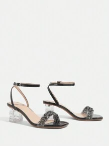 CUCCOO TILAWA Women's Fashion Crystal Heel Glass Rhinestone High Heel Sandals, Suitable For Outings, Banquets And Other Events - Black - View 3