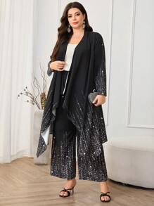 Lacomfia Plus Size Women Shiny Long Sleeve Top And Pants Two Pieces Elegant Set