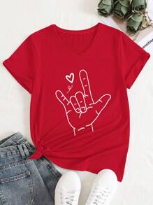 SHEIN LUNE Plus Size V-Neck Heart Hand Gesture Pattern Fashion Summer T-Shirt, Valentine's Day - Red - View 3