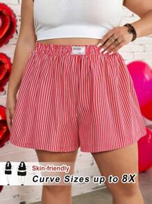 SHEIN CURVE+ 大码女士休闲宽松高腰字母条纹松紧腰短裤夏季 - 紅色 - 查看 1