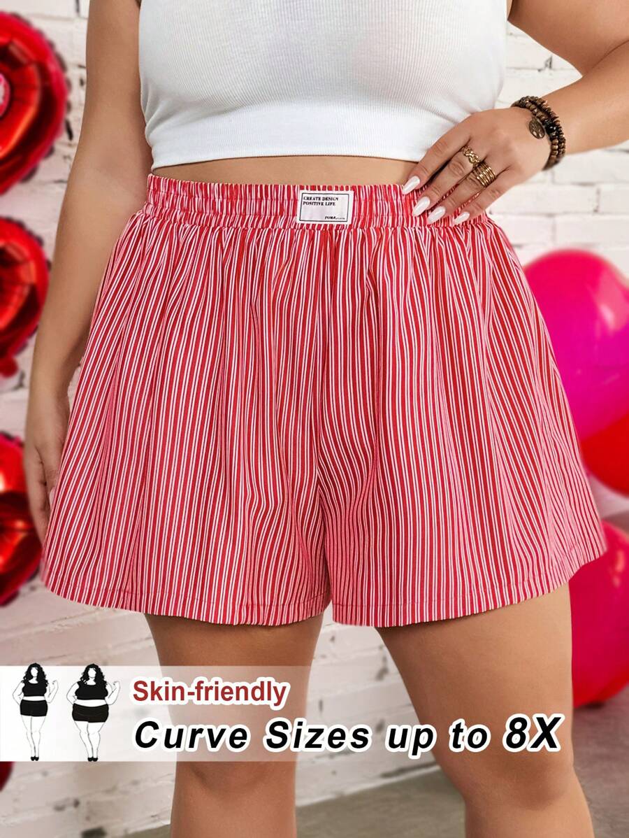 SHEIN CURVE+ 大码女士休闲宽松高腰字母条纹松紧腰短裤夏季 - 紅色 - 查看 1