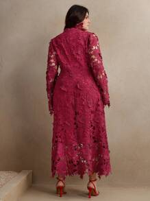 Anewsta 大码女式蕾丝安哥拉酒红色长袖优雅美人鱼连衣裙，适合外出、节日、春季、度假 - 酒紅色 - 查看 2