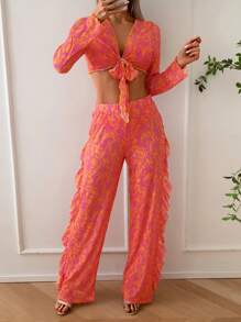 SHEIN Swim 2025 年情人节夏季新款女士系带比基尼泳装套装，印花罩衫和裤子，4 件套 - 彩色 - 查看 3