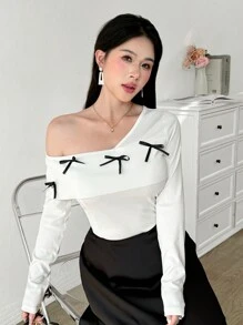 Modelyn Women's Asymmetrical Shoulder Long Sleeve Slim Fit T-Shirt Fall Cloth For Women - White - View 3